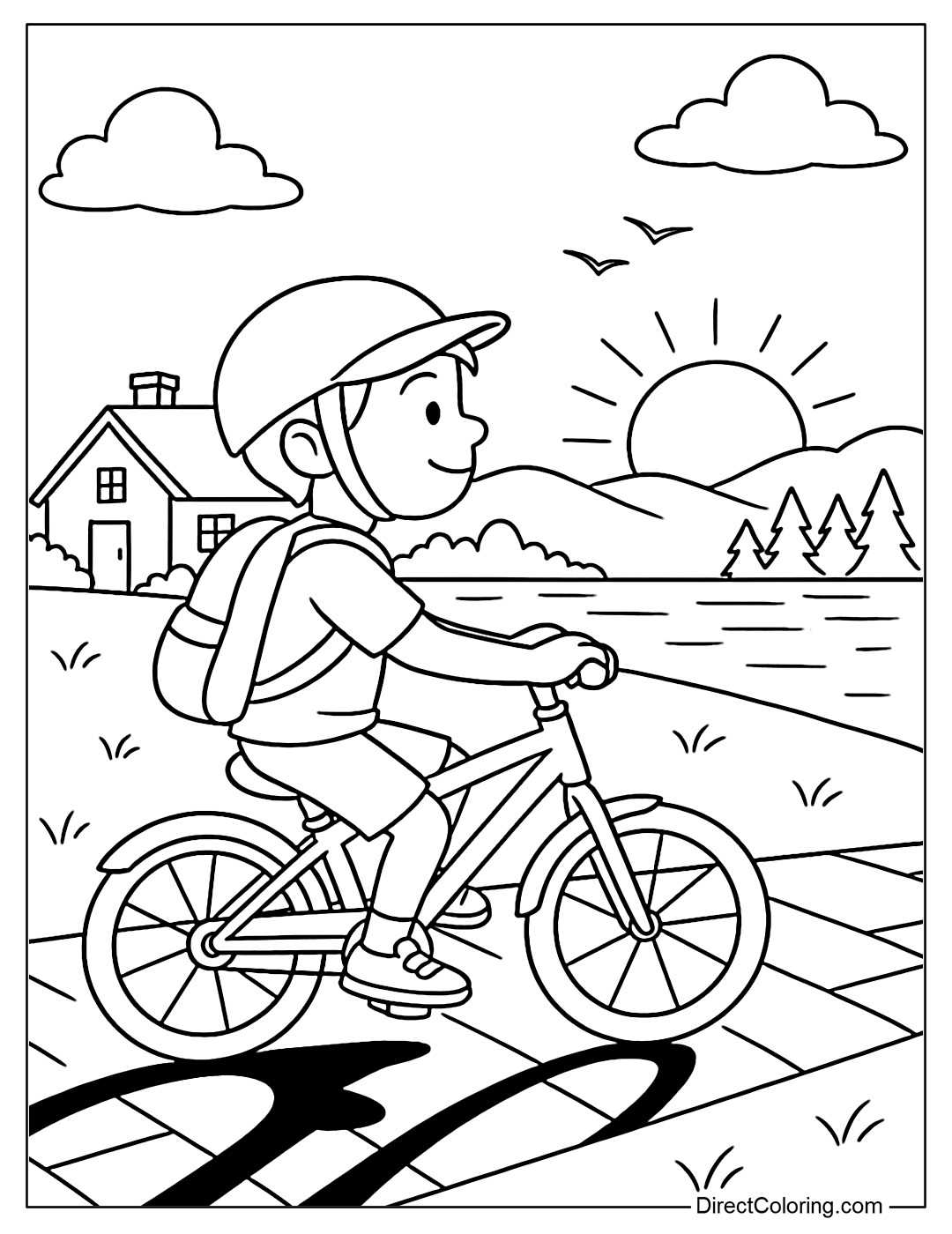 Coloring page of a boy cycling home at sunset, with long shadows and birds flying by.
